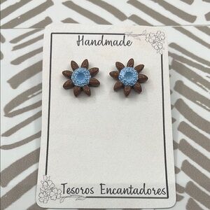 Handmade Brown and Blue Flower Earrings